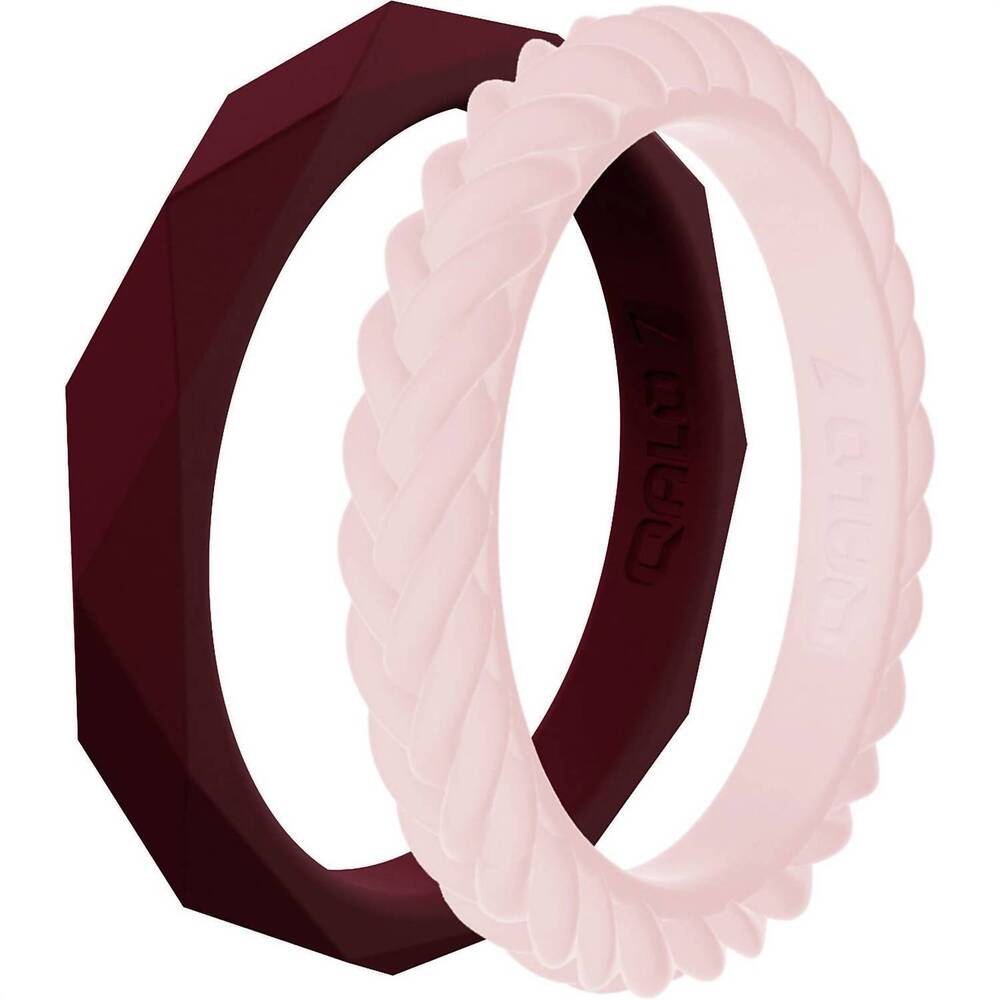 NEW QALO women's stackable silicone wedding ring set in maroon blush
